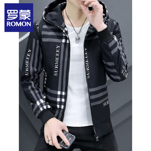 ROMON Spring and Autumn Men's Hooded Youth Casual Large Size Long-Sleeved Jacket Middle and High School College Student Fat Plaid Pattern Diamond A (Hooded Jacket) M 105Jin Jin is equal to within 0.5 kg
