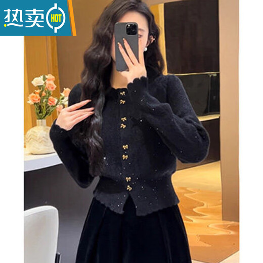 Xia Dian Suding Queen (SE.PSTP) Early Spring Autumn and Winter Small Fragrance Style Sweater Cardigan Butterfly Gold Button New Year Red Inner and Outer Wear Lace Jacket Sweater Women Black S Recommended 80-95Jin Jin is equal to 0.5 kg