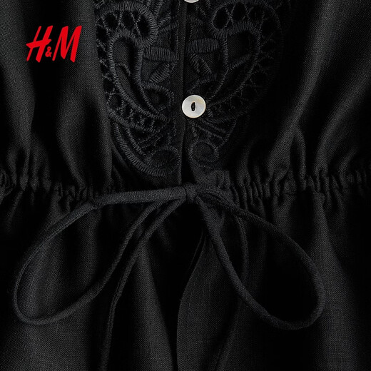 H&M2026 Spring New Women's Linen Blended English Embroidered Shirt 1330878 Black XS 155/80