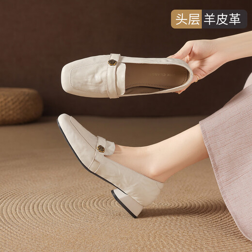 ZHR is the first-layer sheep leather loafers for women with thick heels, square toe work shoes, single shoes, EH317, beige 37