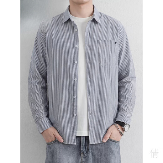 Playboy (PLAYBOY) men's striped long-sleeved shirt 2026 spring and autumn pure cotton shirt jacket high-end handsome casual top gray 2XL suitable for 150-165 Jin Jin equals 0.5 kg