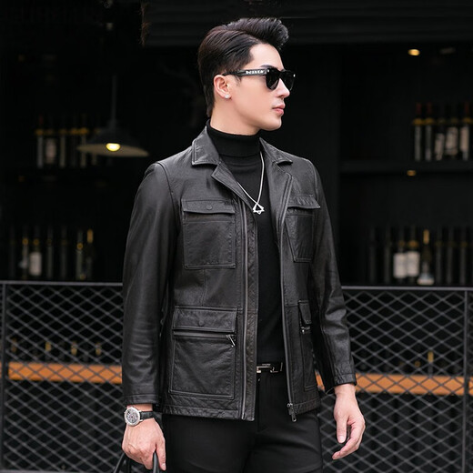 GUHELUN light luxury brand men's clothing spring and autumn new oil wax cowhide leather genuine leather jacket men's lapel workwear mid-length leather jacket Black XL (175)