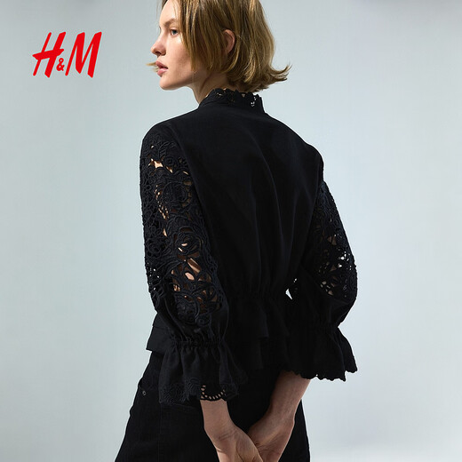 H&M2026 Spring New Women's Linen Blended English Embroidered Shirt 1330878 Black XS 155/80