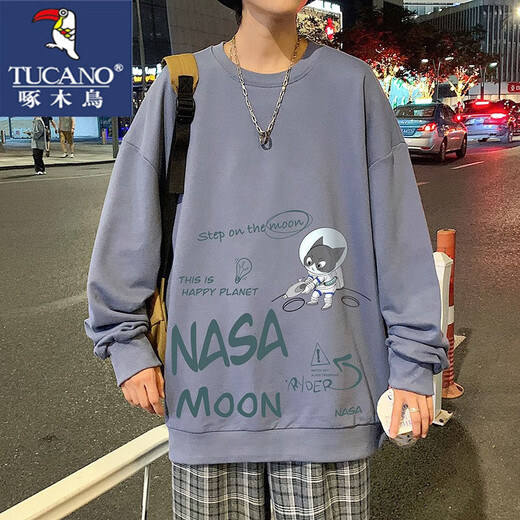 Woodpecker Round Neck Sweatshirt Spring and Automne Hong Kong Kong Style Tendy Versatile T-shirt à manches à manches longues et porte des vêtements pour hommes à la mode S6187 M blanc + S6187 Blue XL