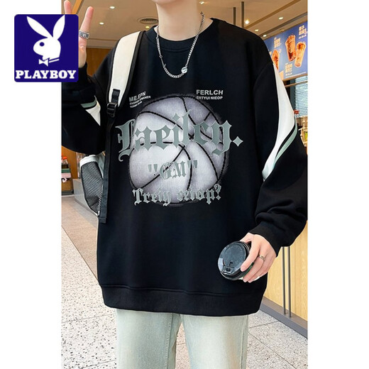 Playboy (PLAYBOY) men's round neck sweatshirt 2026 spring new Hong Kong style fashion trend loose and versatile youth student bottoming shirt black 2XL