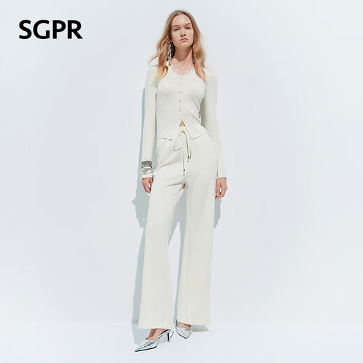 MAXRIENY SGPR white sweater 2026 spring new V-neck pullover waist lace thin sweater original white S