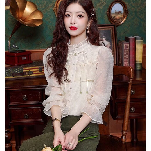 Playboy (PLAYBOY) new Chinese style fungus edge stand collar chiffon shirt for women spring sweet tassel button-down shirt ruffled bell sleeve top official flagship picture color top M 90-100