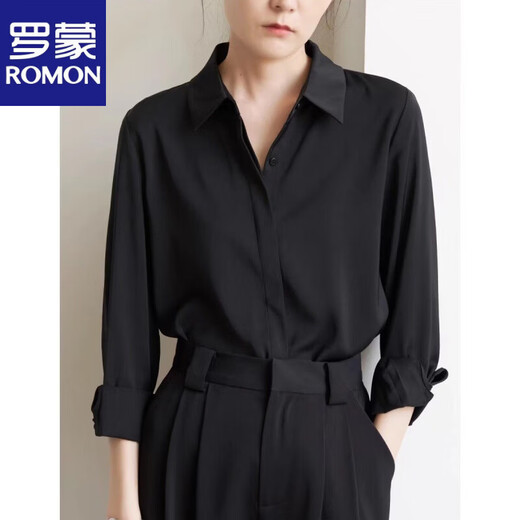 ROMON temperament black chiffon shirt early autumn French commuter long-sleeved shirt women's professional quality shoulder shirt top V-neck exposed button white long sleeve 7XL recommended 170-190Jin Jin equals 0.5 kg