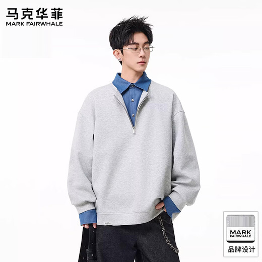 MARK FAIRWHALE American retro casual sweatshirt for men 2026 spring new style loose and comfortable contrast color trendy brand handsome and versatile top floral gray + black discounted two-pack 2XL recommended 150-180Jin Jin equals 0.5 kg