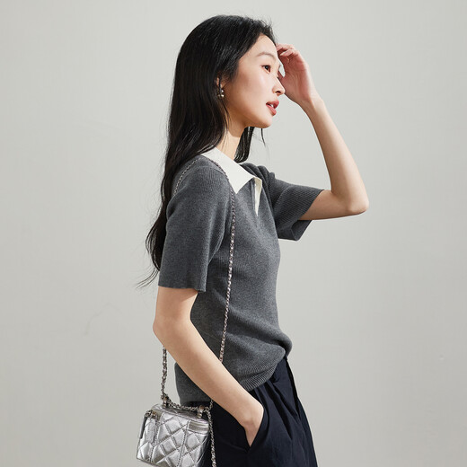 SOFSIL 2026 Spring New Contrast Color Simple POLO Collar Sweater Women's Short Sleeve Versatile Slim Solid Color Lapel Top