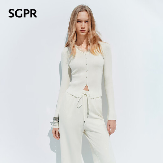 MAXRIENY SGPR white sweater 2026 spring new V-neck pullover waist lace thin sweater original white S