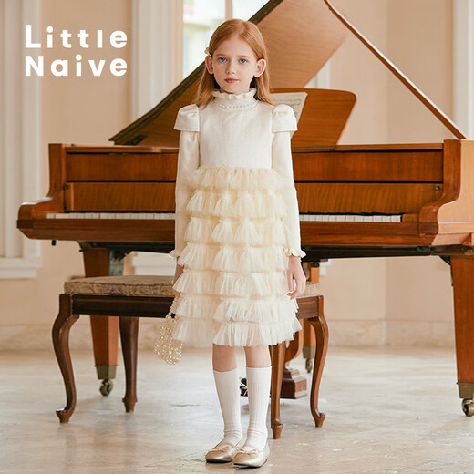 Little Naive girls short-sleeved cake princess dress performance one-year-old dress spring and autumn children's dress champagne color 130