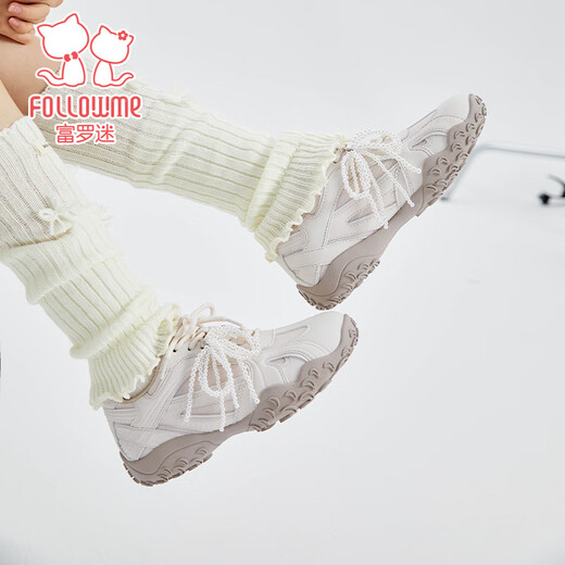 Fuluomi Spring and Autumn Girls Sweet Bow Casual Shoes Campus Versatile Moral Training Shoes Beige 35