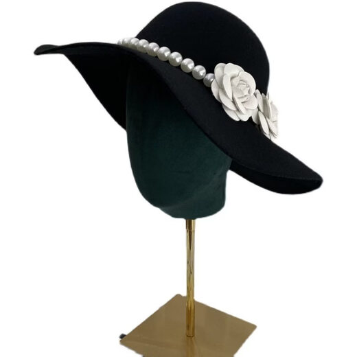 Shijanu French retro Hepburn style black bridal hat with pearl flowers, elegant British style, model basic style (suede), diameter 40cm S (54-58cm)