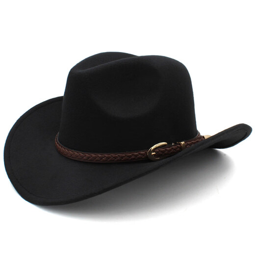 Shijanu large head circumference adjustable spring, autumn and winter woolen riding western cowboy hat for men and women, parent-child style, black (without windproof rope) large head circumference (60-61CM)