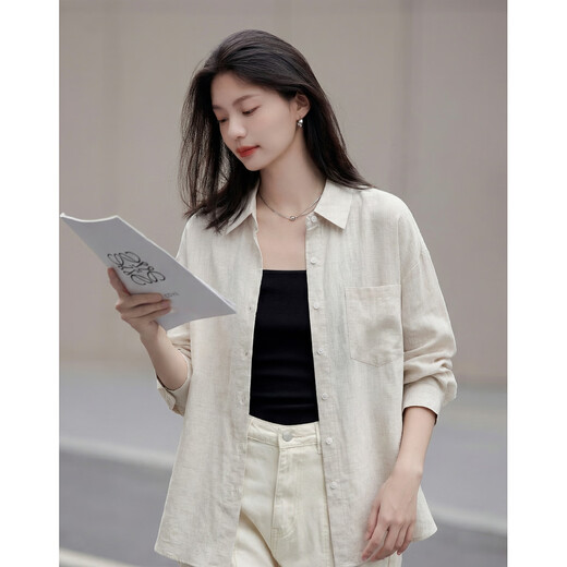Demana contains linen lyocell spring simple lapel big pocket loose slimming shirt for women with high quality