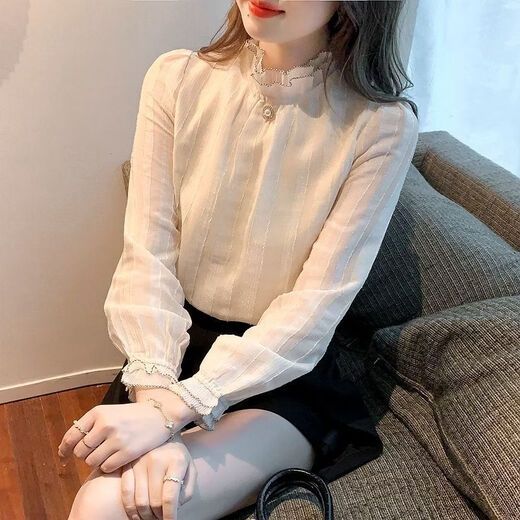 Playboy (PLAYBOY) lace chiffon shirt for women spring new fashion style fungus edge stand-up collar long-sleeved T-shirt temperament versatile outer top thin official flagship apricot color XL recommended 120-135 Jin Jin equals 0.5 kg