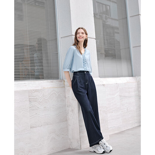 Betu women's 2026 spring and summer new shirt three-quarter lantern sleeve shirt trendy temperament top for women 2602T37 blue L