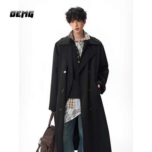 OEMG mid-length British fashion brand double-breasted over-the-knee windbreaker men's coat spring and autumn new retro suit collar coat black L recommended 100-110Jin Jin equals 0.5 kg