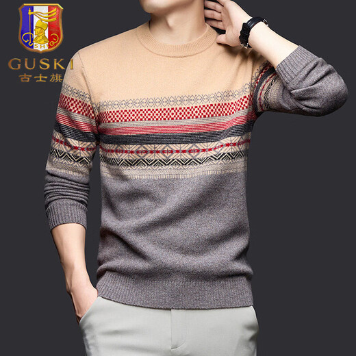 GUSKI light luxury brand high-end men's pure wool sweater men's casual sweater retro warm ethnic style knitted sweater base layer camel exquisite gift box M (105)