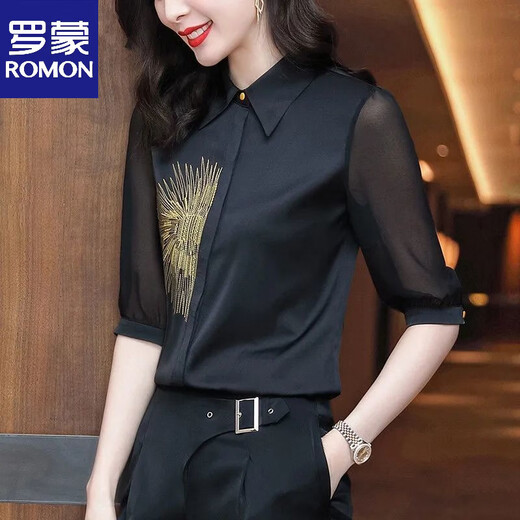 ROMON high-end shirt for women spring and summer new 2026 chiffon satin slim shirt fashionable professional temperament autumn thin black long sleeve S recommended 95Jin Jin is equal to within 0.5kg
