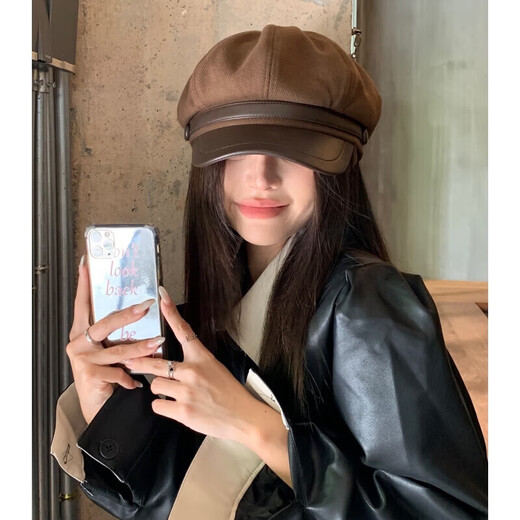 DUTRIEUX beret women's hat winter women's octagonal hat autumn and winter style small versatile painter's hat duck hat women's leather buckle beret coffee color