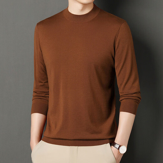 Jiumuwang men's wool sweater solid color half turtleneck thin pullover knitted base warm sweater burgundy M