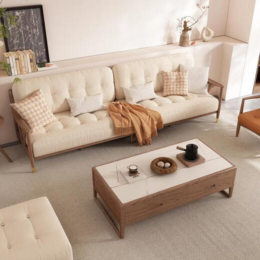 Yusenyi can customize Su Mao's new Chinese-style solid wood sofa combination, simple tenon-and-tenon soft-covered fabric small apartment sofa, cream style, three-seat + single-seat + footrest + coffee table combination.
