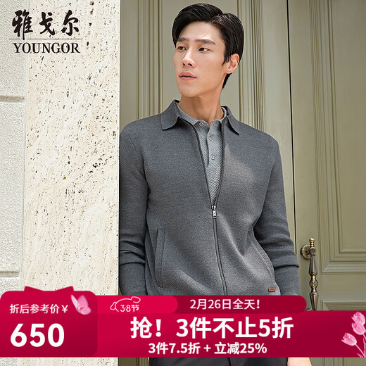 YOUNGOR sweater men's wool blended lapel sweater jacket cardigan suede plump warm and comfortable 2025 new product dark gray VWHW619961CFA L 105cm (recommended 145-165Jin Jin equals 0.5 kg)