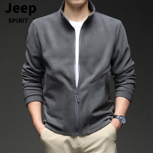 JEEP SPIRIT Cardigan Sweatshirt Men's 2026 Spring Loose Sports Top Casual Stand Collar Polar Fleece Jacket Men Gray M