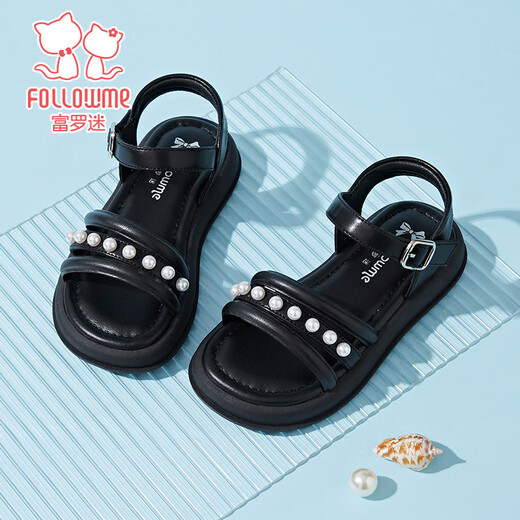 Fuluo Mi Sweet Pearl Princess Sandals Girls Summer New Style Comfortable Soft Soled Casual Campus Versatile Sandals Black 26