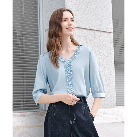 Betu women's 2026 spring and summer new shirt three-quarter lantern sleeve shirt trendy temperament top for women 2602T37 blue L