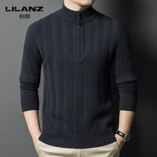 LILANZ Autumn and Winter 100% Wool Sweater Men's Round Neck 540g Thickened Half-High Round Neck Zipper Warm Knitted Sweater Jingxiu Gray Thickened 14XL (170)