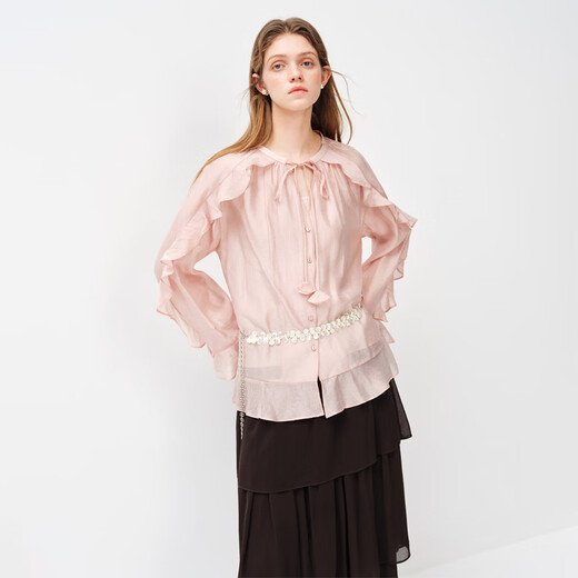 Fan Silan's spring light and elegant date ruffled lace-up loose shirt for women 2026 spring new long-sleeved top smoke pink M