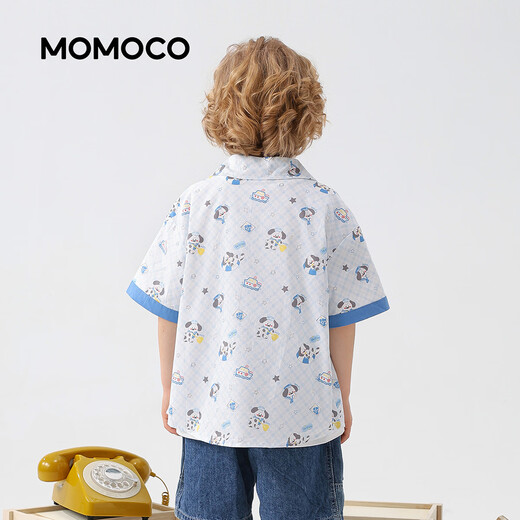 Mami Maca (MOMOCO) children's shirt summer boys short-sleeved summer fashion versatile shirt white full print 140