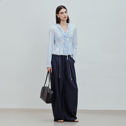 BLUEWEDIAN2026 spring and summer new fashion French sweet V-neck romantic short lace blue plaid S 160/80A