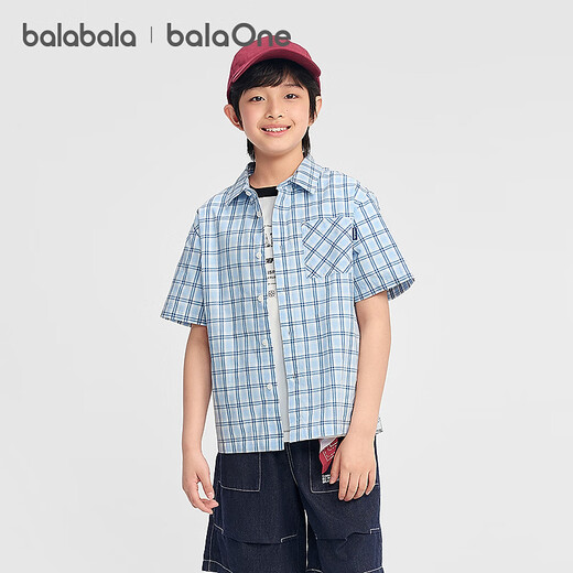BALABALA balaOne boys short-sleeved shirt children's big children's shirt 2026 new summer pure cotton blue tone 00488 110