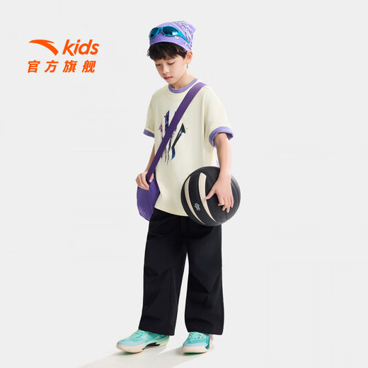 ANTA children's T-shirt for boys and girls 2026 summer new product skin-friendly cotton feel breathable Owen basketball short T352621177 duck down white-1 130