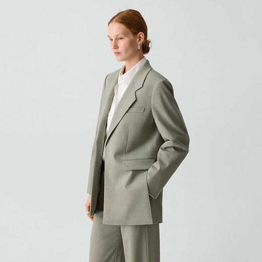 THEORY Women's Wool Suit Jacket Elastic Neck Minimalist Tailored Business Casual Slim Suit Vetiver Green XS 28