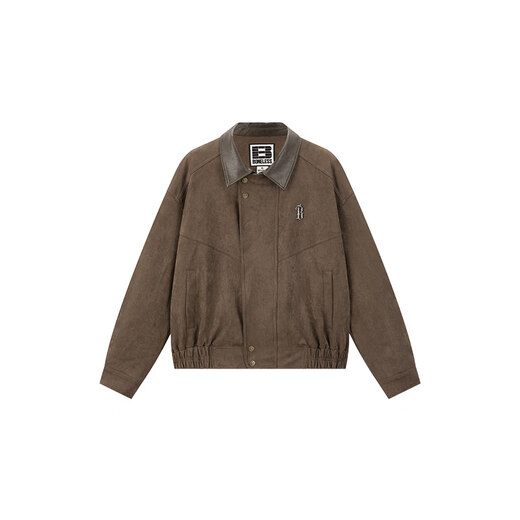 BONELESS imitation cowhide velvet and leather lapel casual jacket retro loose contrast color versatile metal label jacket trendy coffee S