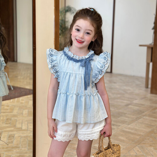 Gardenia's Growth Notes Children's Clothing Girls' Sweet and Gentle Lace Shirt 2026 Spring Children's Embroidered Ruffle Top Blue Shirt 140 cm