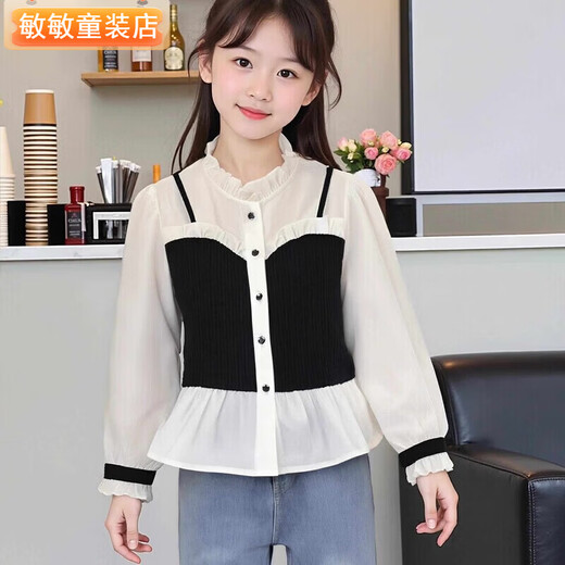 Girls' shirts, fashionable fake two-piece long-sleeved tops, spring and autumn children's baby doll shirts, new French style shirts, girls' patchwork shirts, size 120, recommended height 110cm