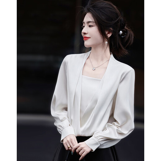 Demana Moonlight Lover Spring and Autumn Elegant Deep V Two-piece Stacked Placket Blouse Lantern Sleeve Shirt Women's Top