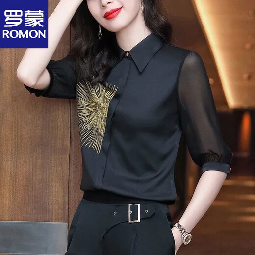 ROMON high-end shirt for women spring and summer new 2026 chiffon satin slim shirt fashionable professional temperament autumn thin black long sleeve S recommended 95Jin Jin is equal to within 0.5kg