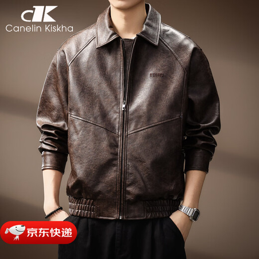 CANELIN KISKHA high-end retro old money style distressed lapel PU leather jacket for men 2025 autumn new high street motorcycle loose jacket for men coffee color regular L recommended 120-140Jin Jin equals 0.5 kg