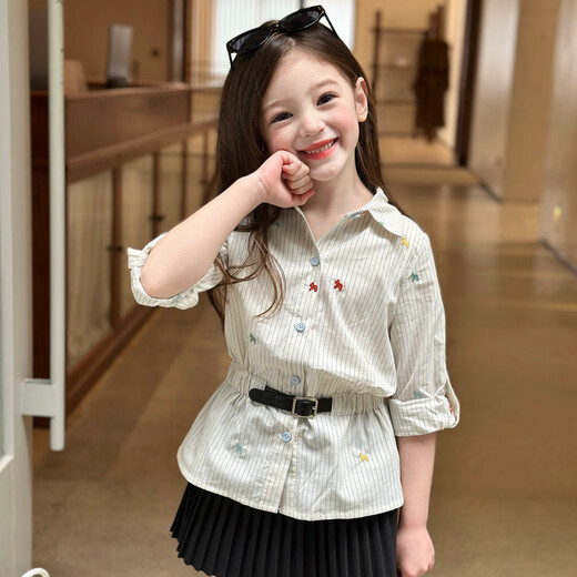 Gardenia's Growth Notes Children's Clothing Girls Lazy Style Striped Shirt 2026 Spring Children's Versatile Embroidered Pony Top Striped Shirt 160 cm