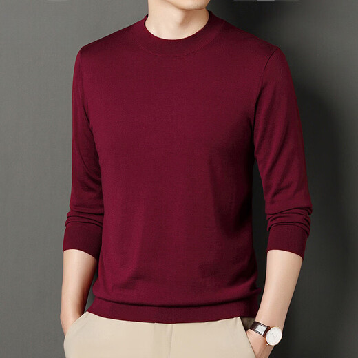 Jiumuwang men's wool sweater solid color half turtleneck thin pullover knitted base warm sweater burgundy M