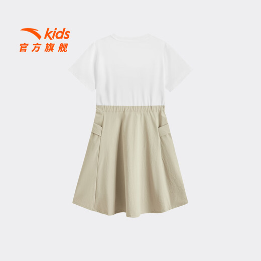ANTA Children's Dress for Big and Little Girls 2026 Summer Versatile T-Shirt Skirt Breathable Girls Fashion Simple Short Skirt Pure White/Oatmeal Khaki-1 130