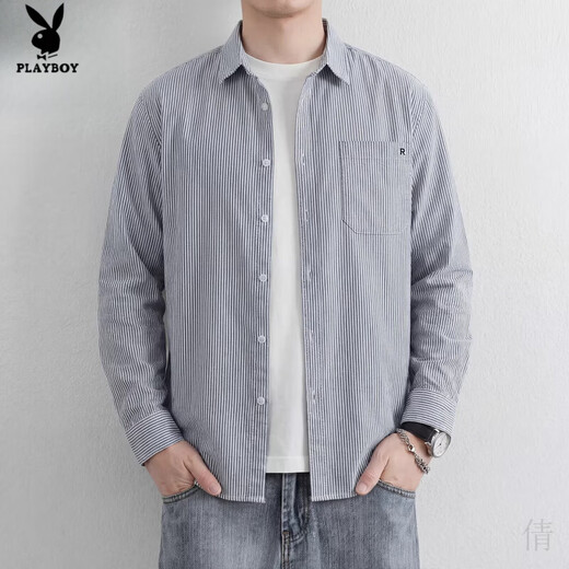 Playboy (PLAYBOY) men's striped long-sleeved shirt 2026 spring and autumn pure cotton shirt jacket high-end handsome casual top gray 2XL suitable for 150-165 Jin Jin equals 0.5 kg