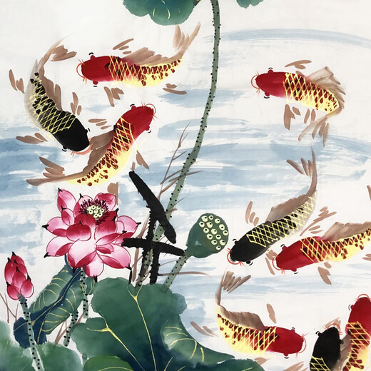 China Artists Association of Celebrities Calligraphy and Painting Chen Zhongnan <Continuous Years More> Purely hand-painted lotus and nine fishes Chinese painting entrance hall decorative painting oil painting Jin Yumantang office ink painting calligraphy and painting collection art auction prints gift 136X68CM